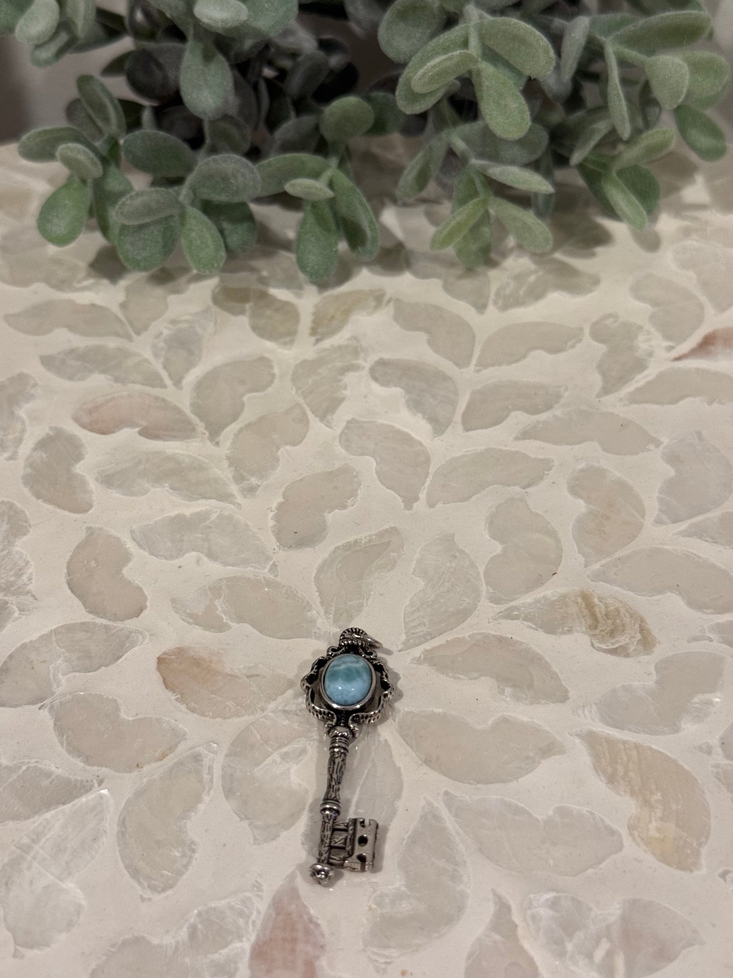 Silver-tone Larimar Key Pendant