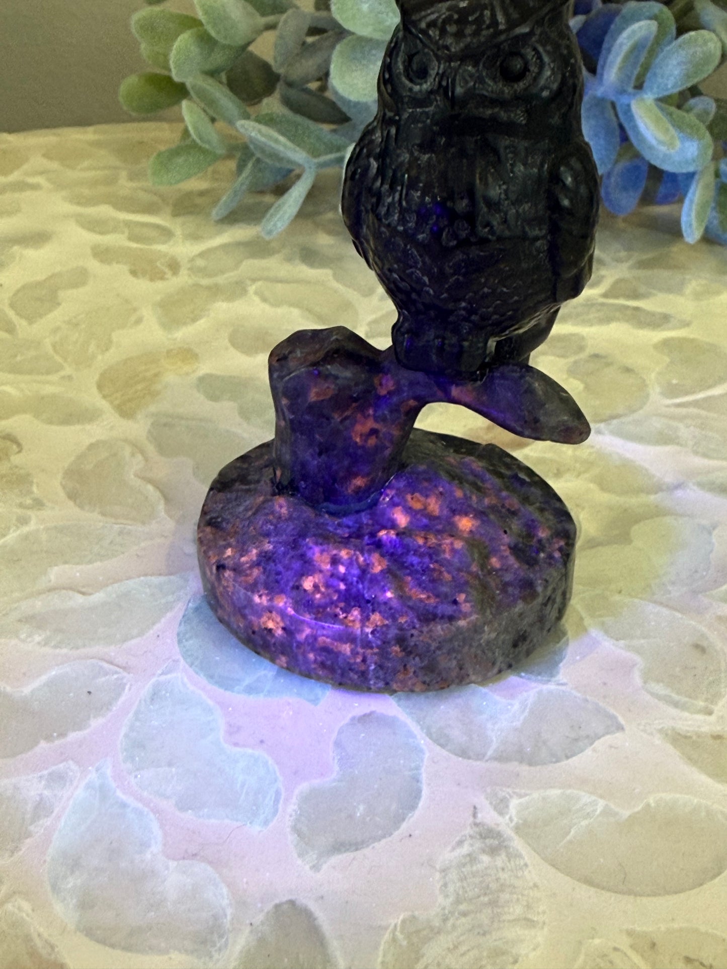 Obsidian Owl on Yooperlite Base (UV Reactive)