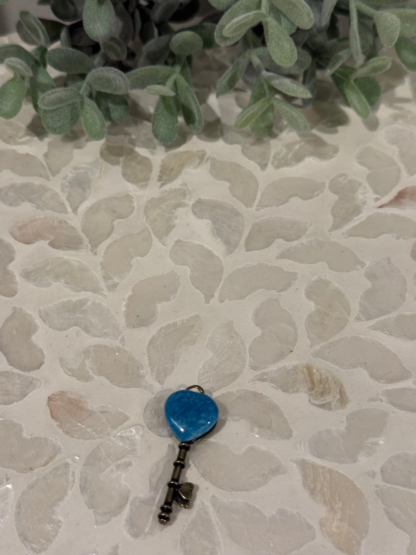Bronze-tone Blue Apatite Key Pendant