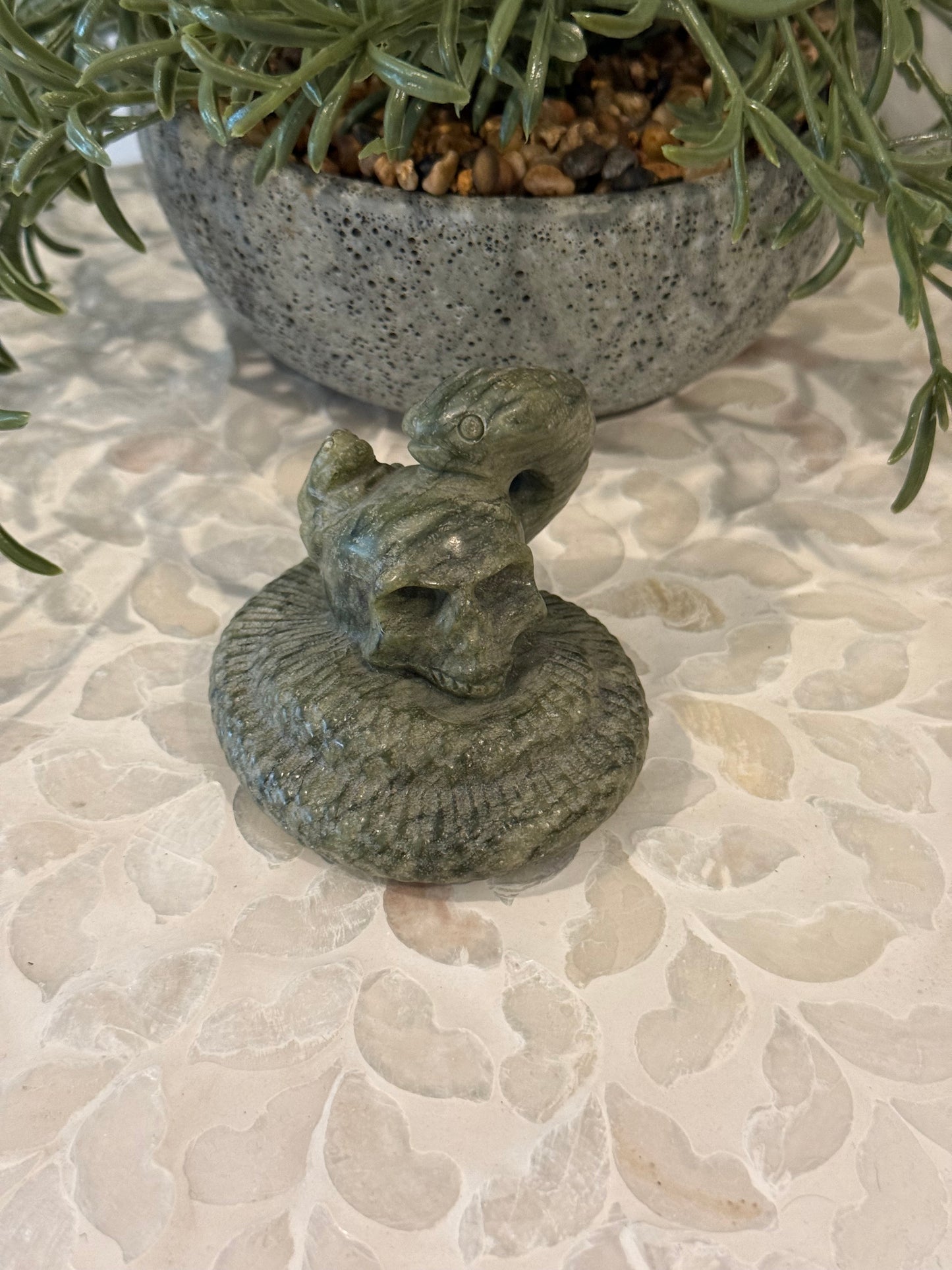 Serpentine Skull and Snake Carving