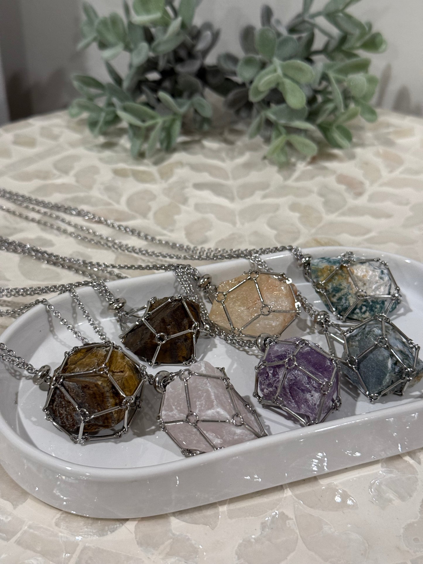 Silver Cage Necklace with Rough Crystal