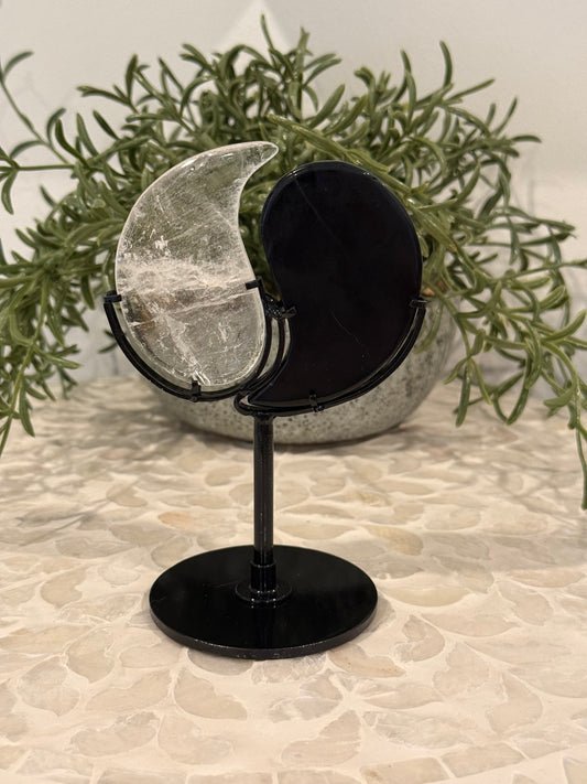Obsidian and Clear Quartz Ying and Yang on Stand