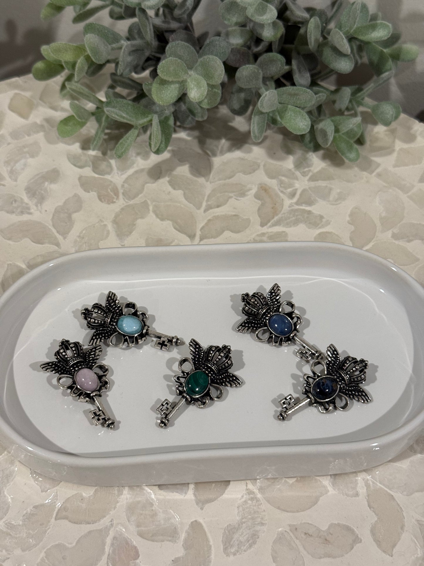 Silver-Tone High Quality Stone Crown Key Pendant