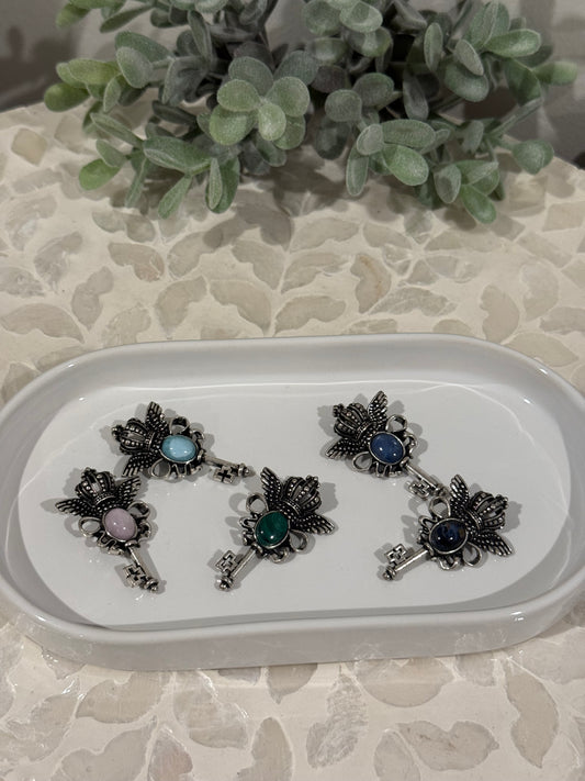 Silver-Tone High Quality Stone Crown Key Pendant