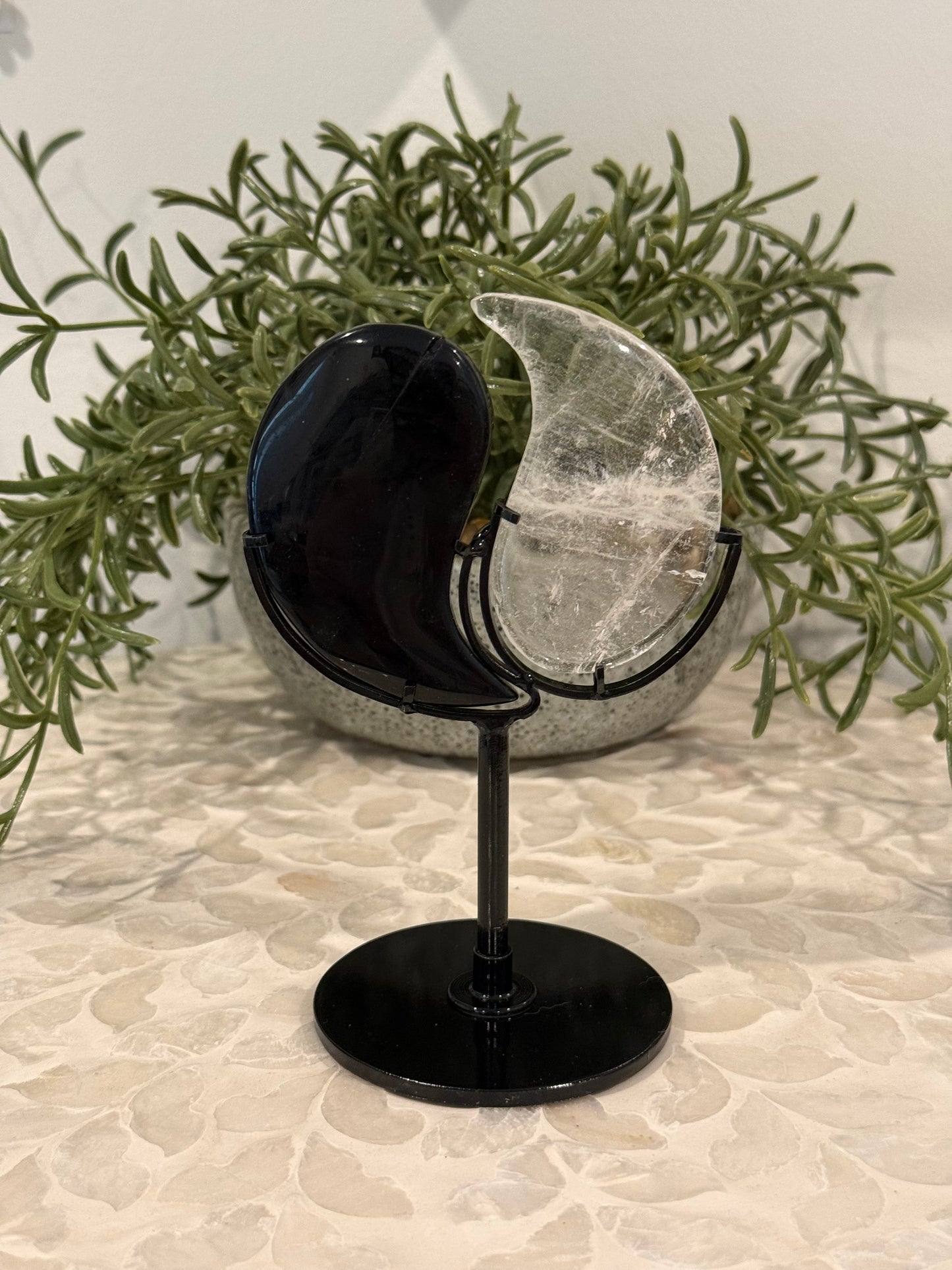 Obsidian and Clear Quartz Ying and Yang on Stand