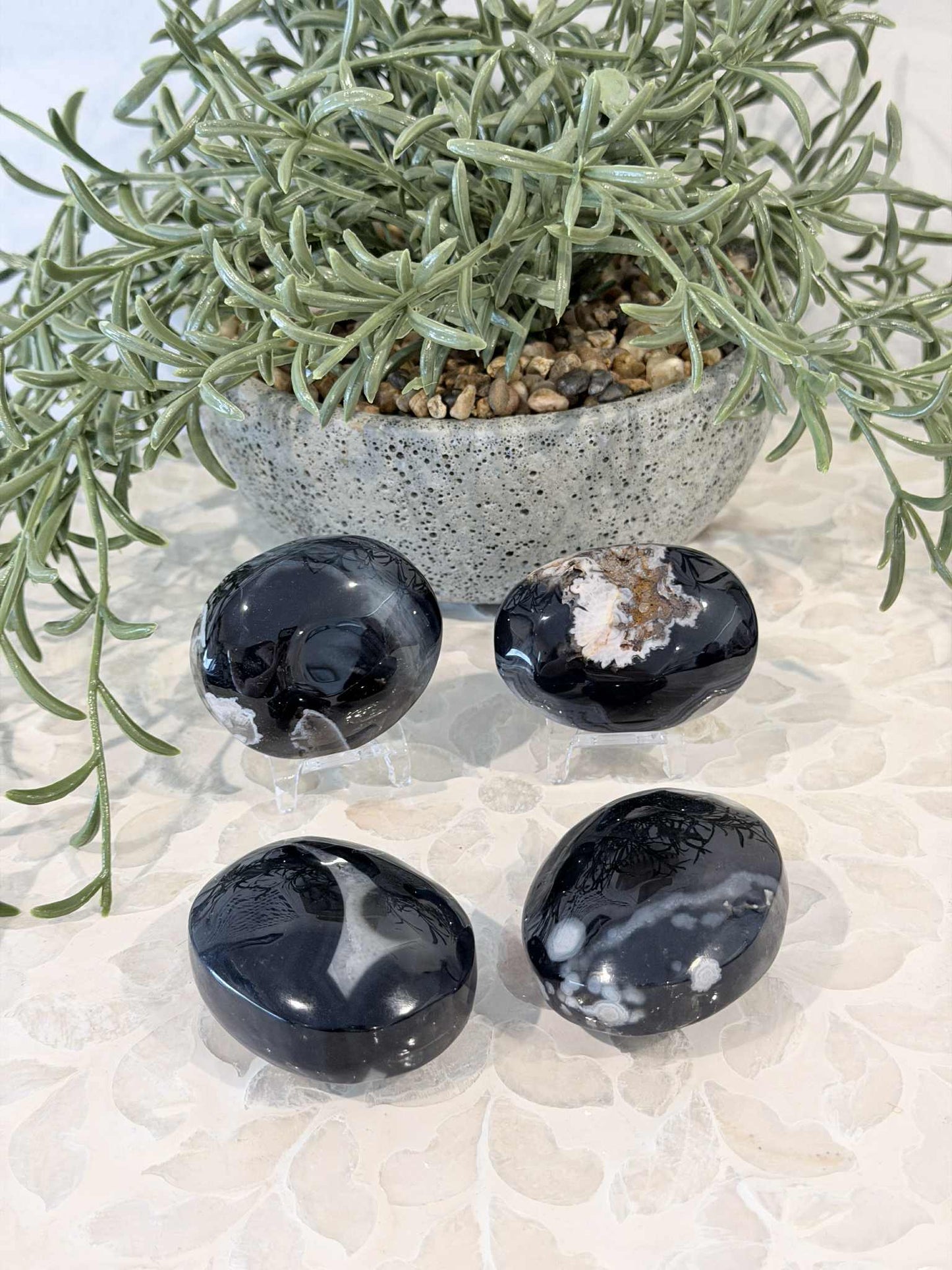 Black Flower Agate Palm Stones