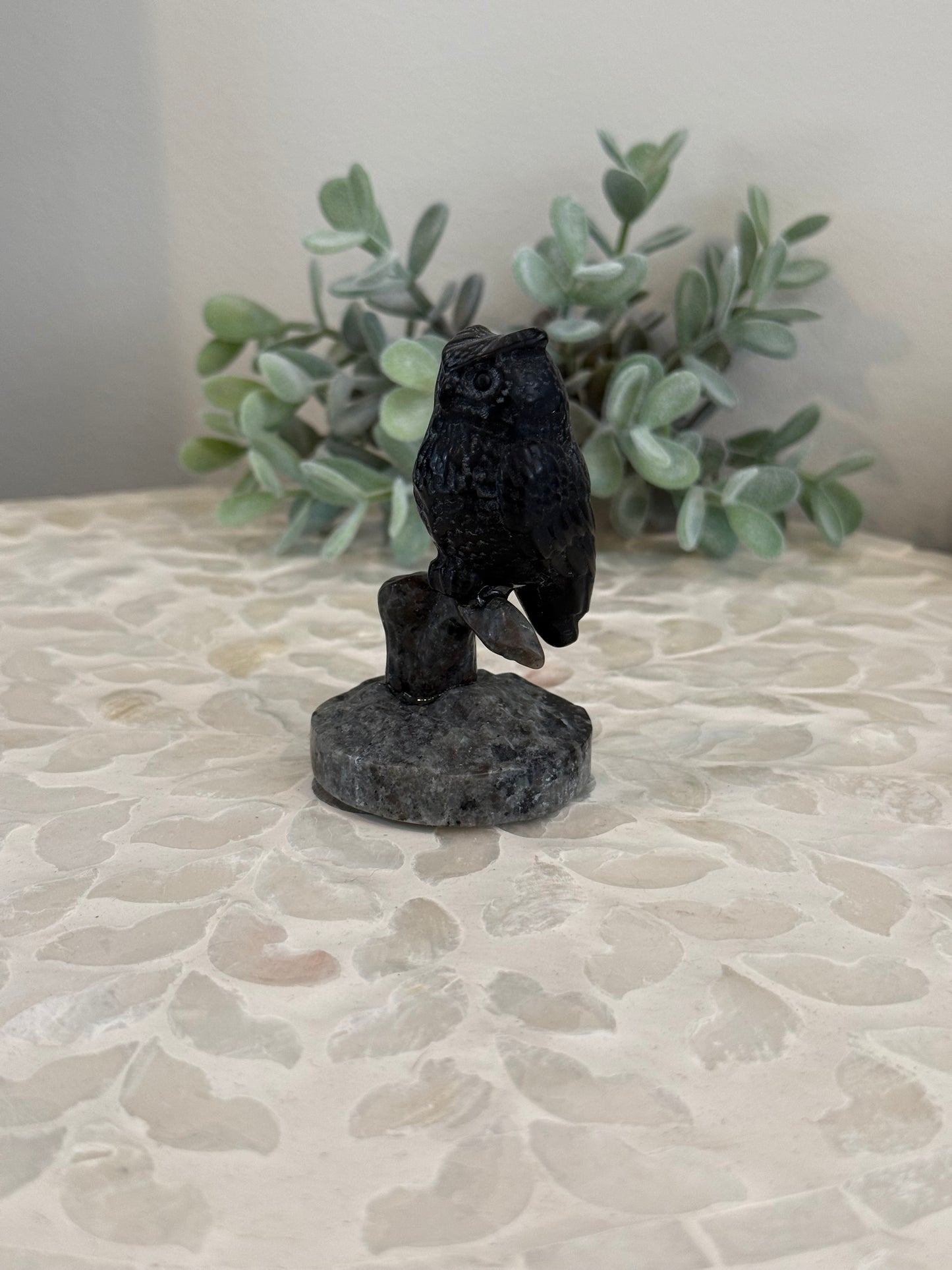 Obsidian Owl on Yooperlite Base (UV Reactive)